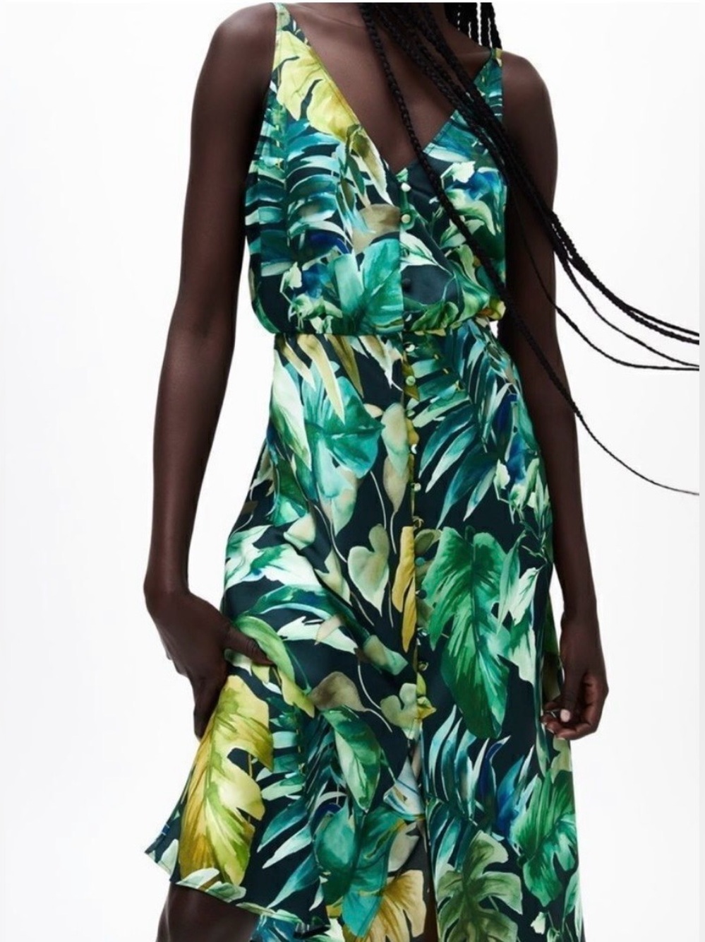 Zara NWT Green Tropical Leaf V-Neck Midi Dress